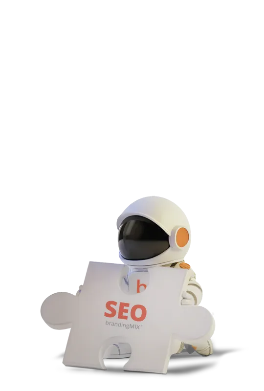 Astronauta con pieza de rompecabezas SEO representando el Posicionamiento en Buscadores B2B.