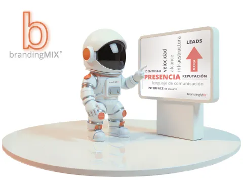 Personaje en traje de astronauta mostrando en una pantalla gigante las bases de una estrategia efectiva de marketing Digital B2B