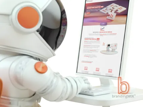 Personaje en traje de astronauta analizando en un ordenador la velocidad y el rendimiento del sitio web de Branding MIX M&eacute;xico