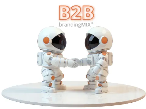 Dos personajes vestidos de astronautas representando el intercambio de bienes y servicios entre empresas