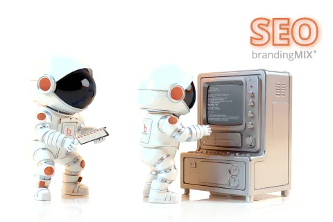 Dos astronautas especialistas en SEO Técnico analizando las características de un servidor web y documentando su velocidad, rendimiento y capacidad